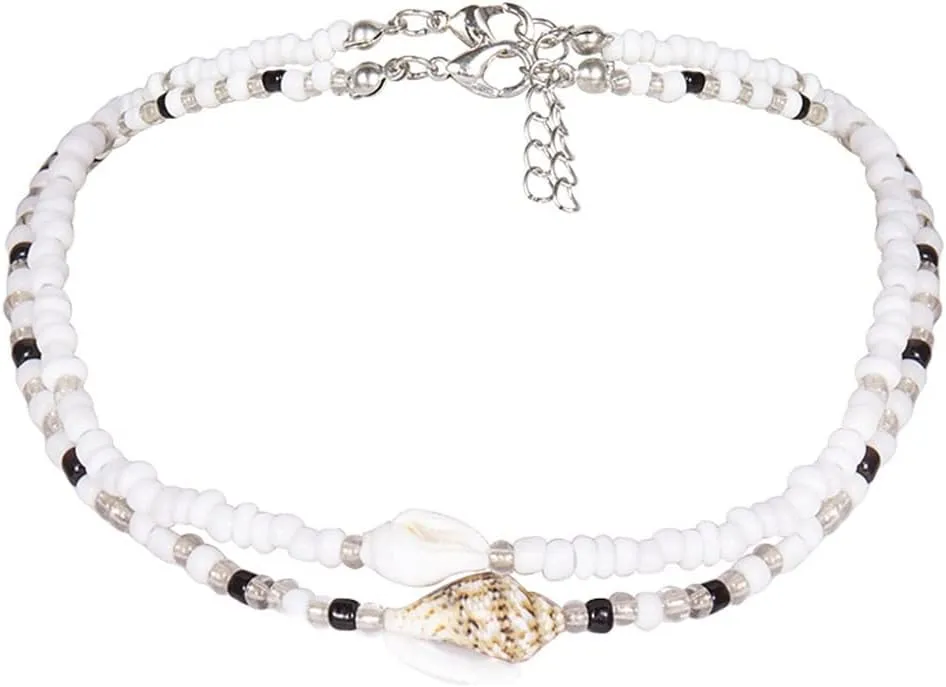 Layered Necklaces for Women, Dainty Layered Necklaces for Women Shell and Bead Pendant Chain Necklaces Jewelry for Women and Girl, 2 Pieces, Silver White Black, 39.5CM