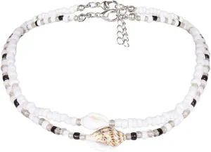 Layered Necklaces for Women, Dainty Layered Necklaces for Women Shell and Bead Pendant Chain Necklaces Jewelry for Women and Girl, 2 Pieces, Silver White Black, 39.5CM