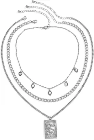Layered Necklaces for Women Silver, Layered Necklaces for Women Heart-Shaped Hollow Dragon with Rhinestones Pendant Chain Necklaces Jewelry Birthday Gift for Her, 3 Pieces, Silver