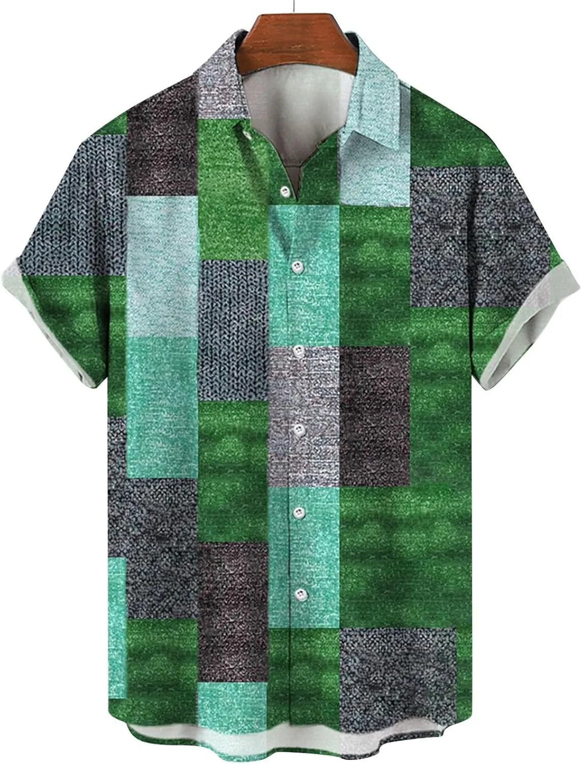 LCMTWX Men Shirts Grid Splicing Day Shirts Short Sleeve Casual Button Down Beach Flower Shirt and Shorts Suits Shirt Men