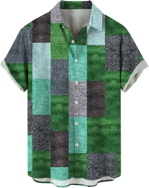 LCMTWX Men Shirts Grid Splicing Day Shirts Short Sleeve Casual Button Down Beach Flower Shirt and Shorts Suits Shirt Men