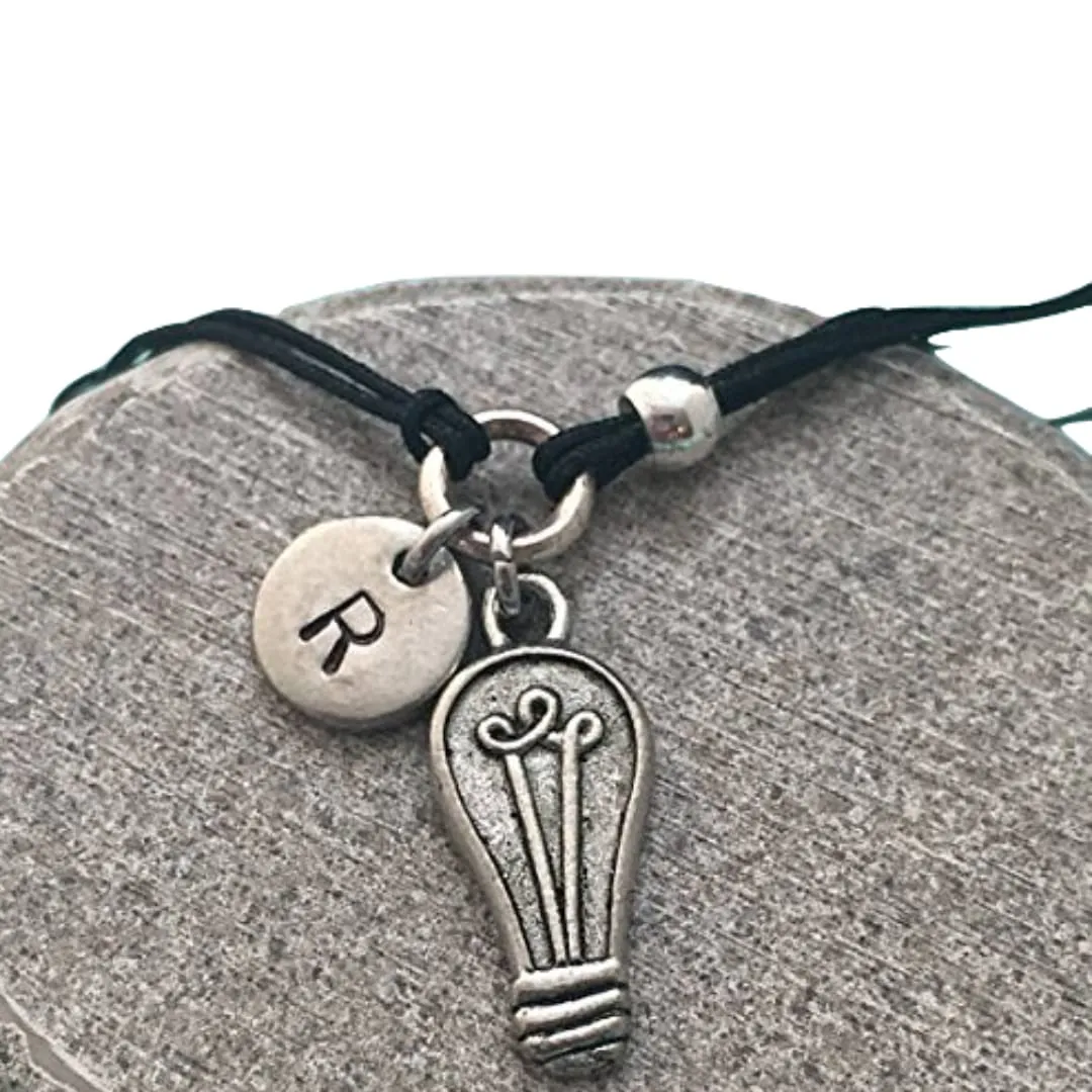 Light bulb cord bracelet, light bulb charm bracelet, adjustable bracelet, charm bracelet, personalized bracelet, initial bracelet, monogram