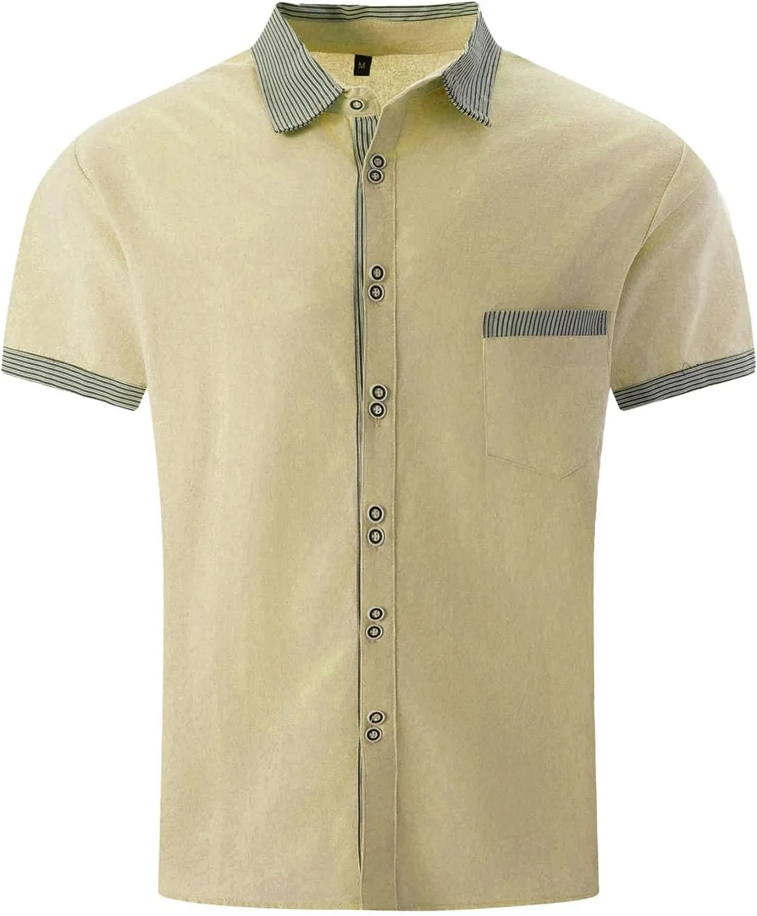 Linen Button Down Shirt Men Loose Comfy Short Sleeve Color Block Blouses with Pocket Casual Business Solid Shirts Top