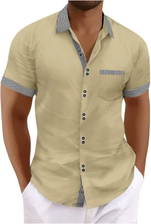 Linen Button Down Shirt Men Loose Comfy Short Sleeve Color Block Blouses with Pocket Casual Business Solid Shirts Top