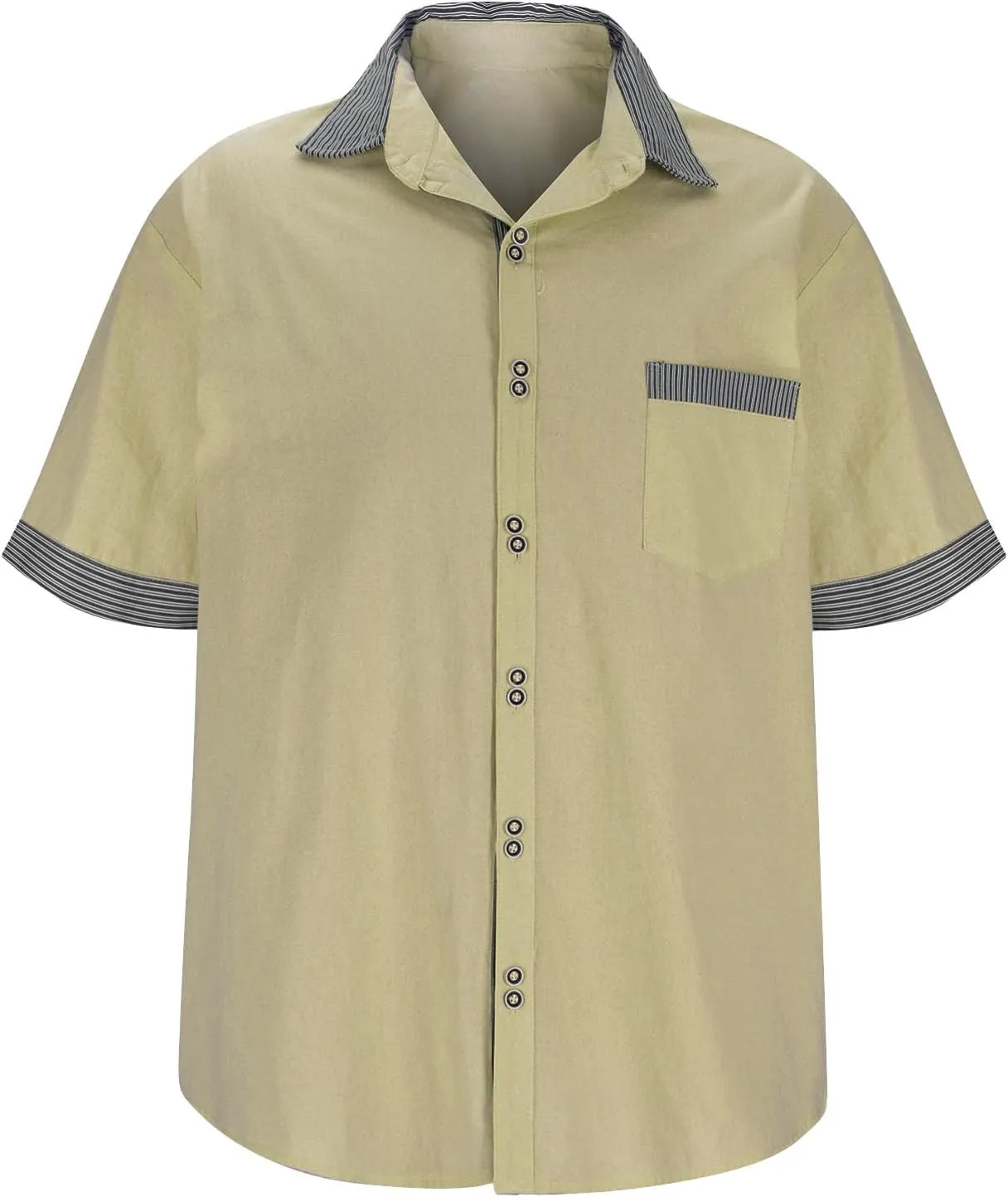 Linen Button Down Shirt Men Loose Comfy Short Sleeve Color Block Blouses with Pocket Casual Business Solid Shirts Top