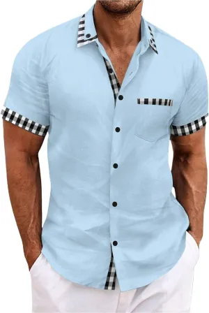 Linen Shirts Mens Short Sleeve Button Down Shirt Summer Casual Beach Wedding Shirts Lightweight Loose Hippie Tops