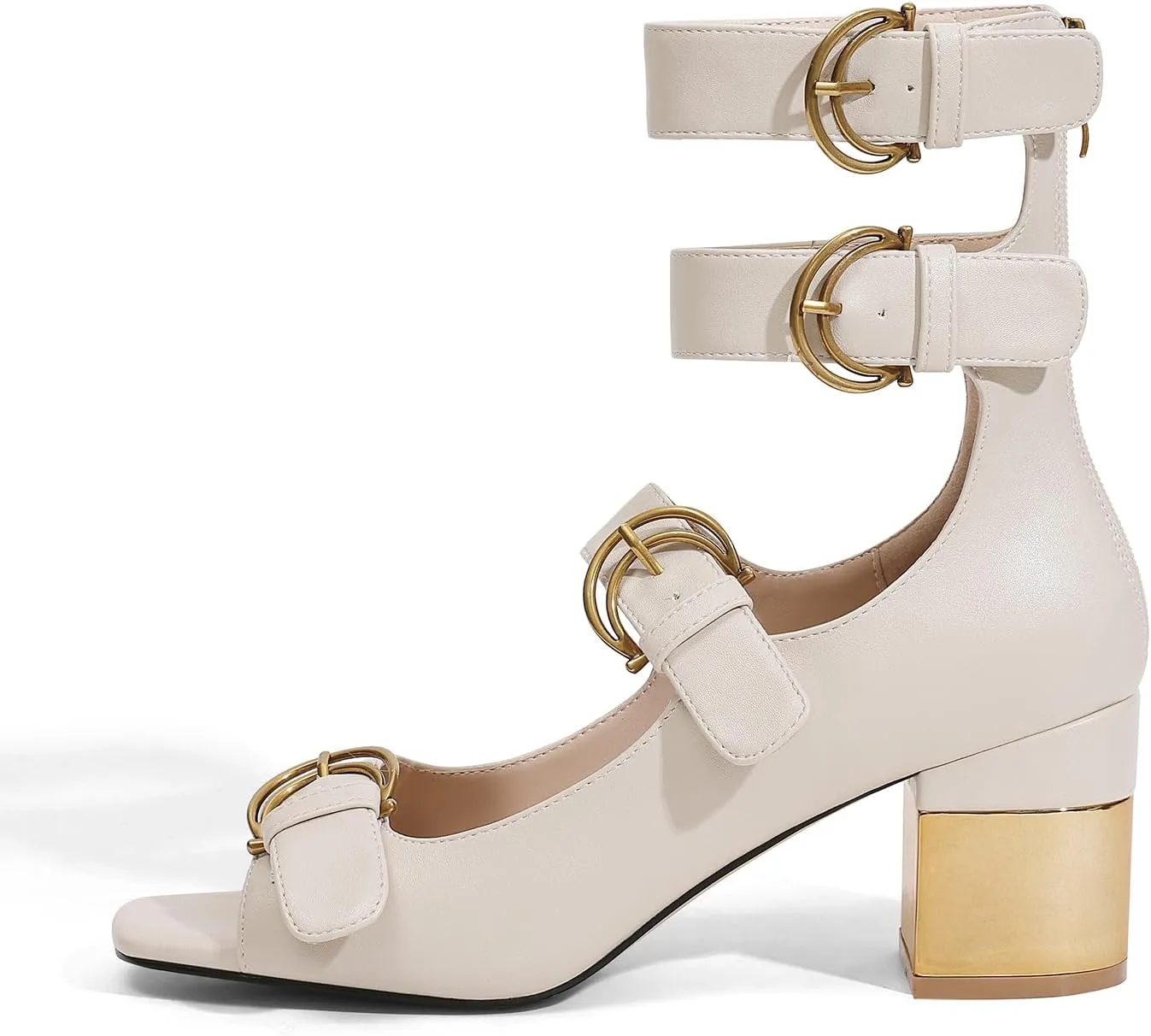 LOCERICH Womens Heeled Sandals Chunky Block Heels Open Toe Strappy Comfortable Ankle Strap Gold Low Heel Dress Shoes for Women