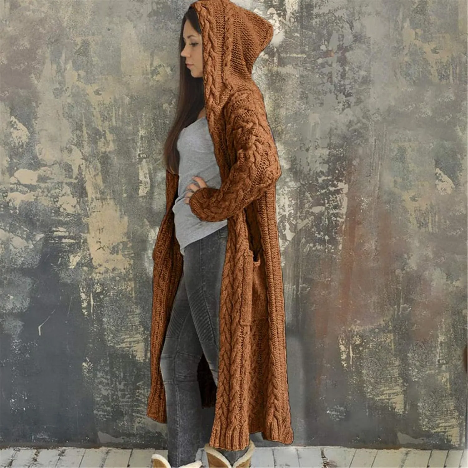Long Loose Sweater Cardigan Winter Coat Hooded Women Solid Knitted Solid Pocket Women's Coat Women Open