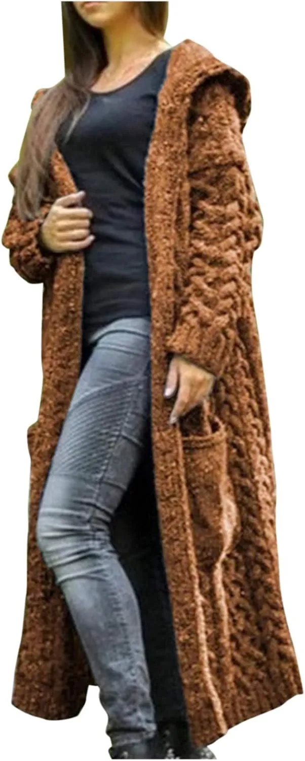Long Loose Sweater Cardigan Winter Coat Hooded Women Solid Knitted Solid Pocket Women's Coat Women Open