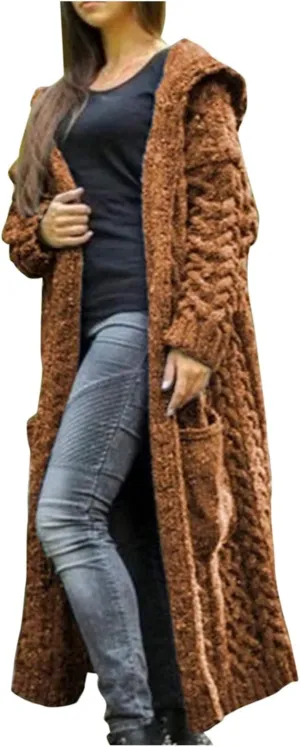 Long Loose Sweater Cardigan Winter Coat Hooded Women Solid Knitted Solid Pocket Women's Coat Women Open