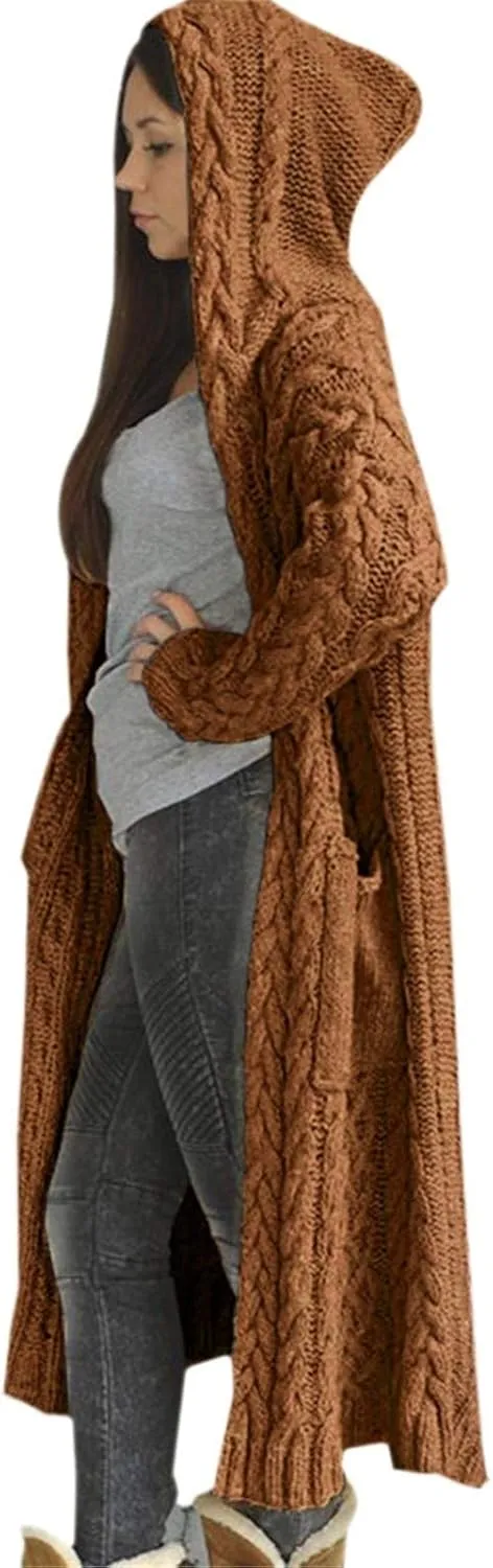 Long Loose Sweater Cardigan Winter Coat Hooded Women Solid Knitted Solid Pocket Women's Coat Women Open