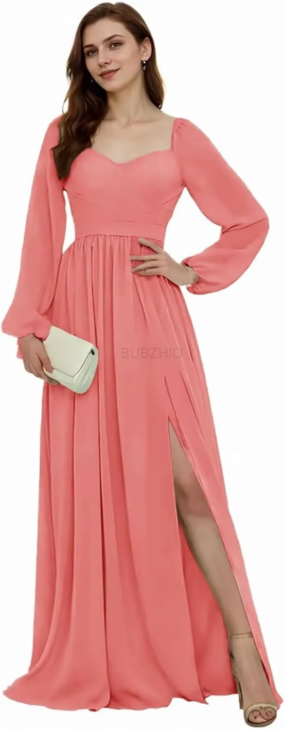 Long Sleeve Bridesmaid Dresses for Women Pleated A Line Chiffon Formal Evening Gowns with Slit