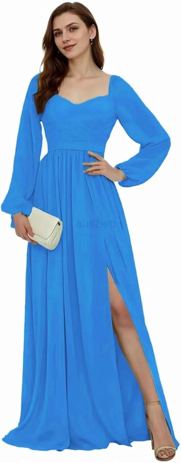 Long Sleeve Bridesmaid Dresses for Women Pleated A Line Chiffon Formal Evening Gowns with Slit