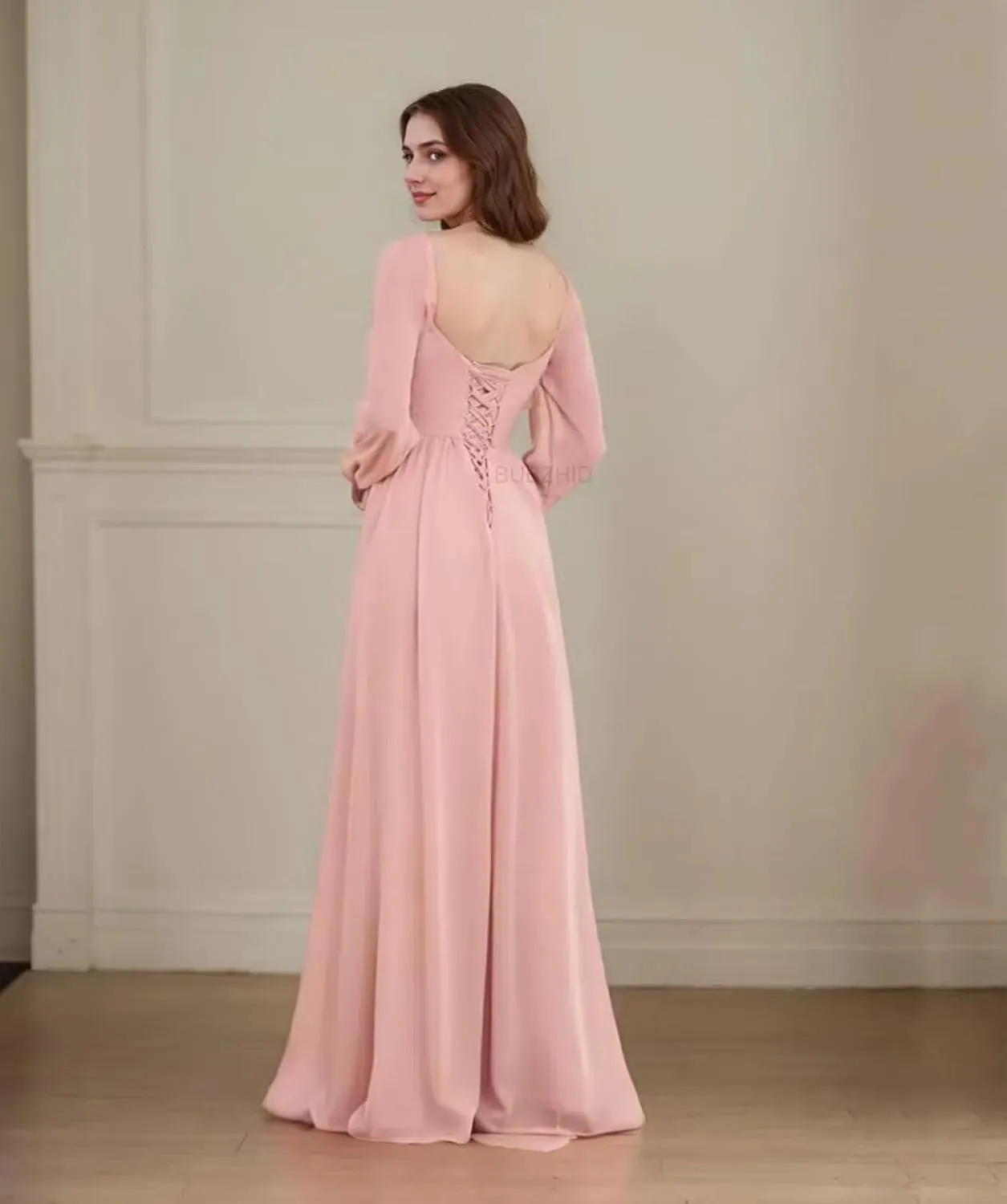 Long Sleeve Bridesmaid Dresses for Women Pleated A Line Chiffon Formal Evening Gowns with Slit