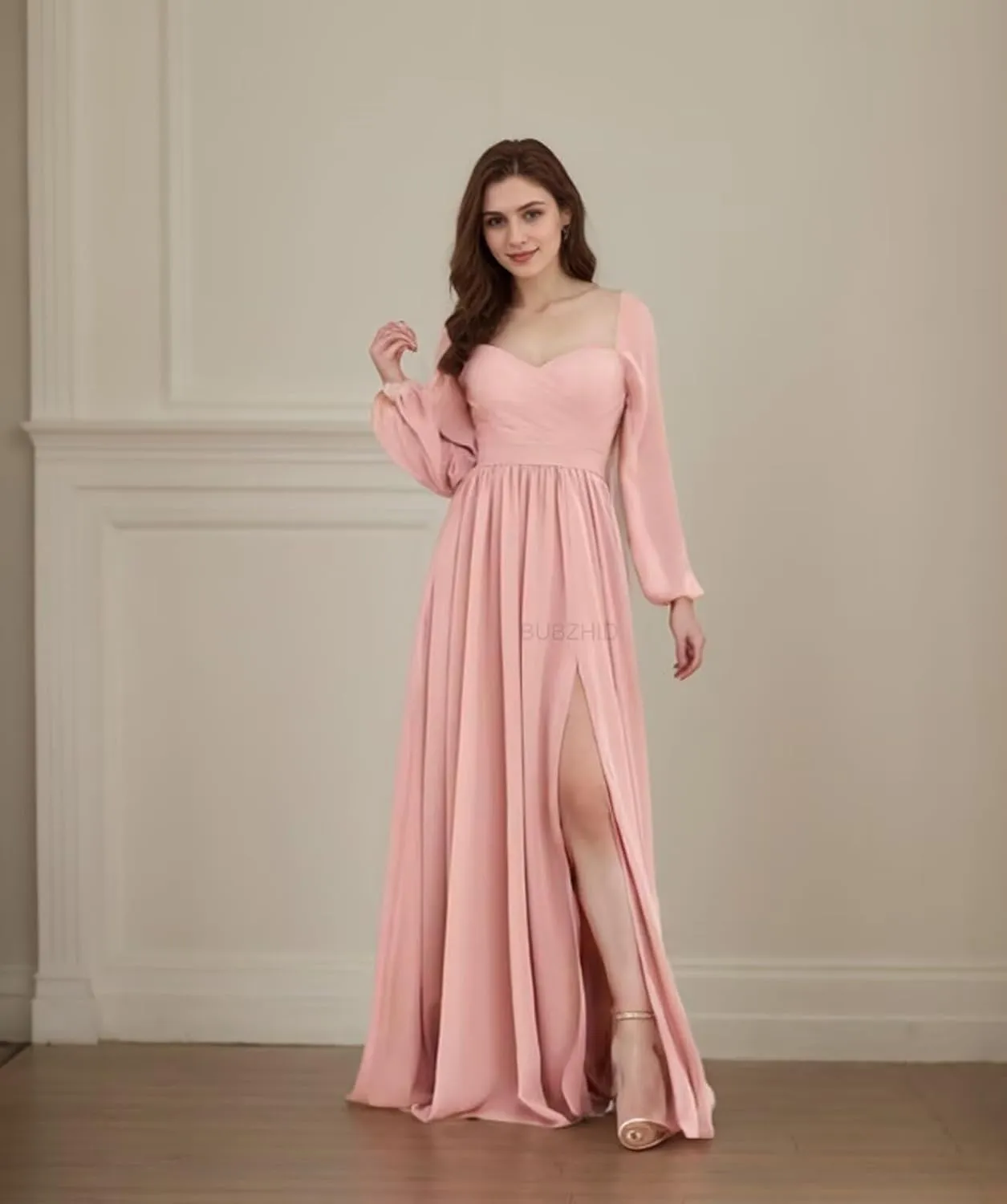 Long Sleeve Bridesmaid Dresses for Women Pleated A Line Chiffon Formal Evening Gowns with Slit