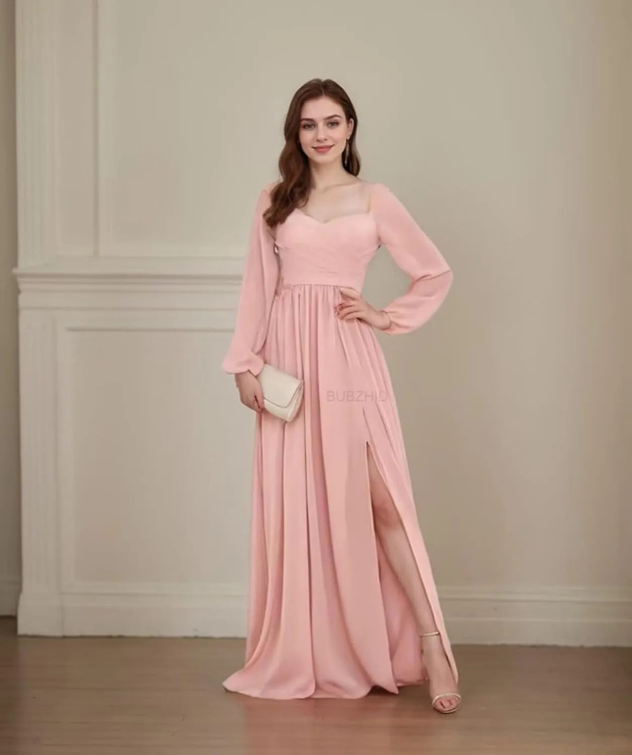 Long Sleeve Bridesmaid Dresses for Women Pleated A Line Chiffon Formal Evening Gowns with Slit