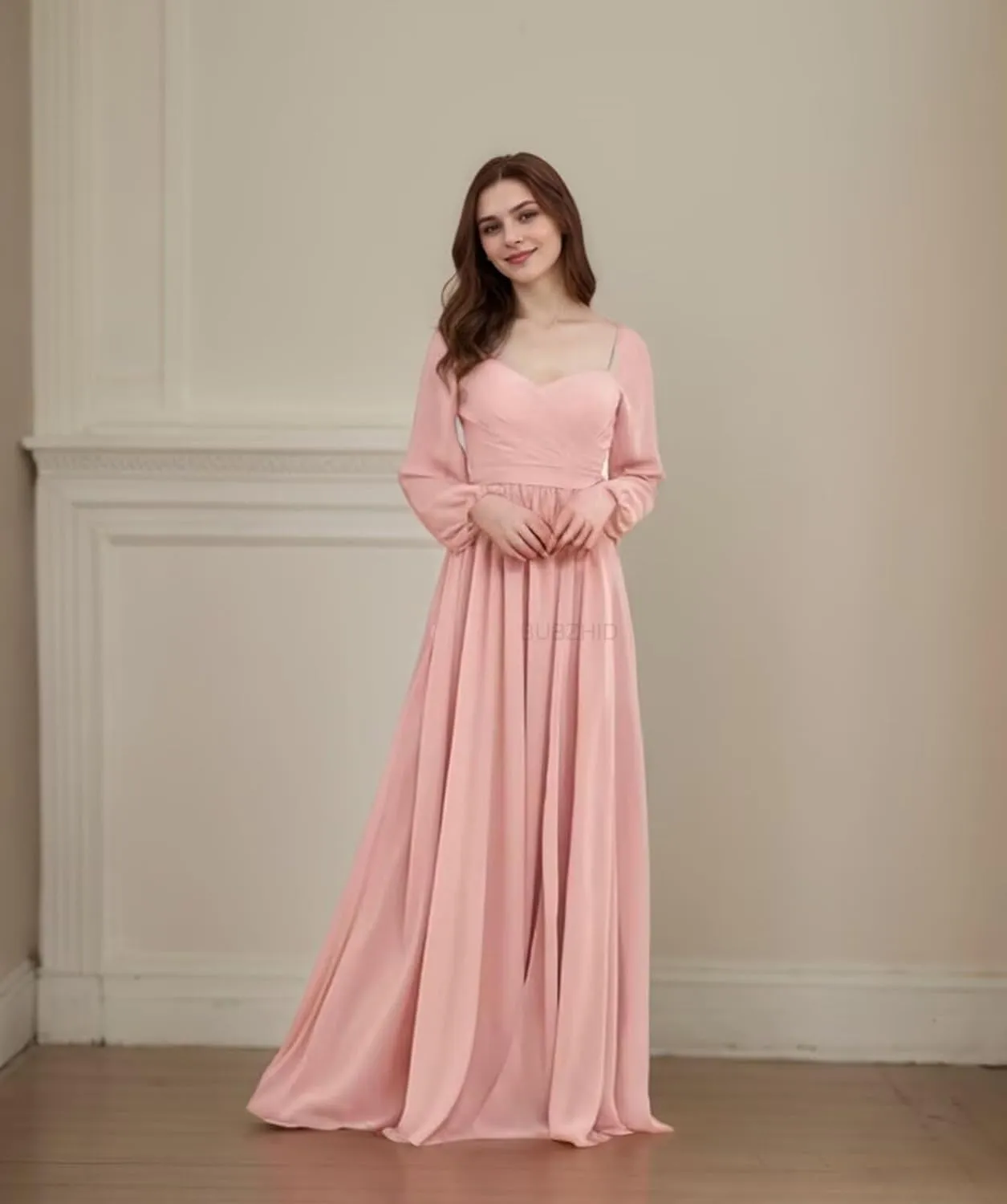 Long Sleeve Bridesmaid Dresses for Women Pleated A Line Chiffon Formal Evening Gowns with Slit