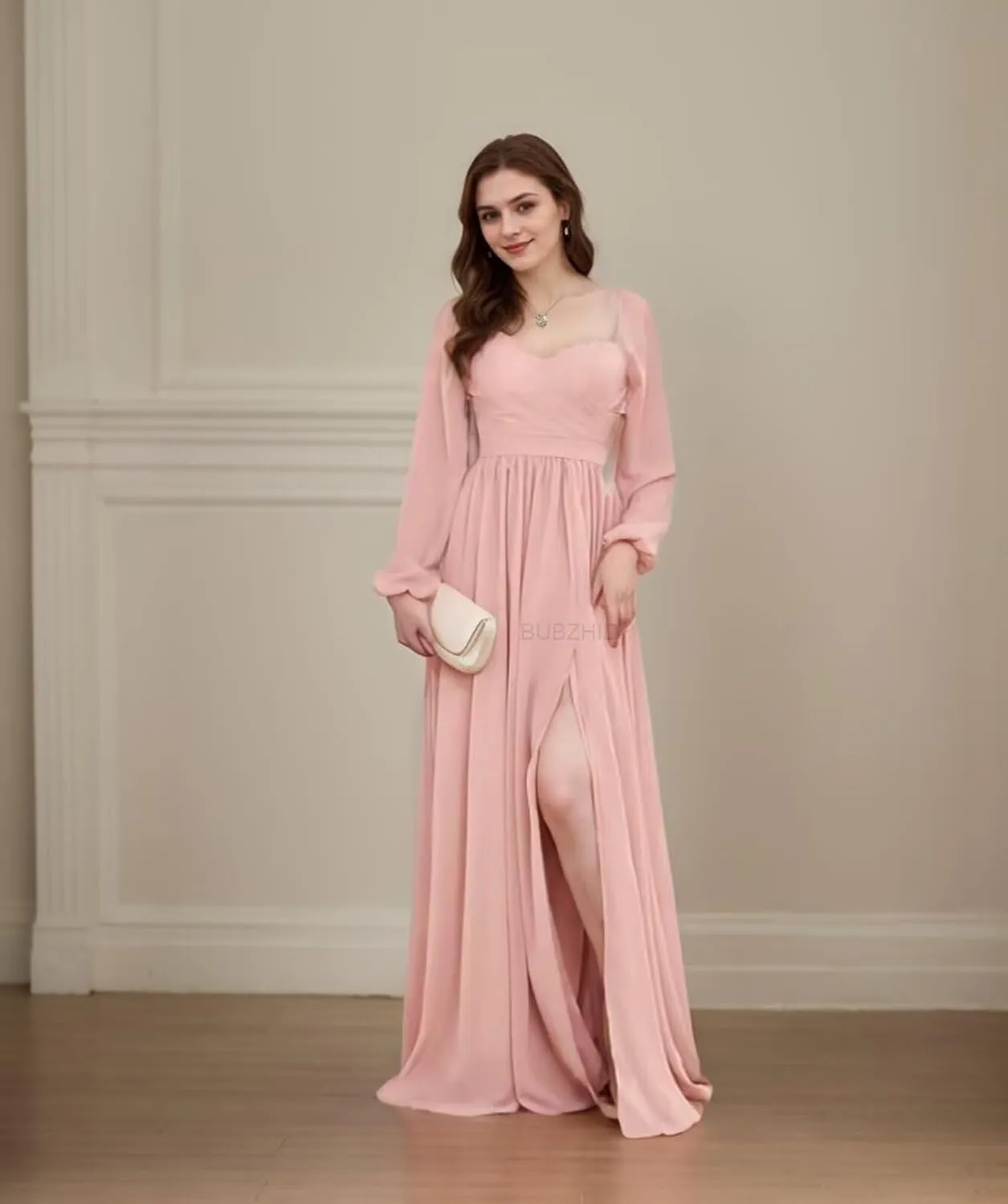 Long Sleeve Bridesmaid Dresses for Women Pleated A Line Chiffon Formal Evening Gowns with Slit