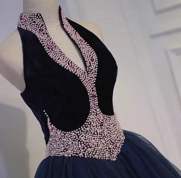 Luolandi Gorgeous Navy Blue Tulle and Velvet with Light Pink Pearls Prom Gown Party Dresses Elegant Evening Dress