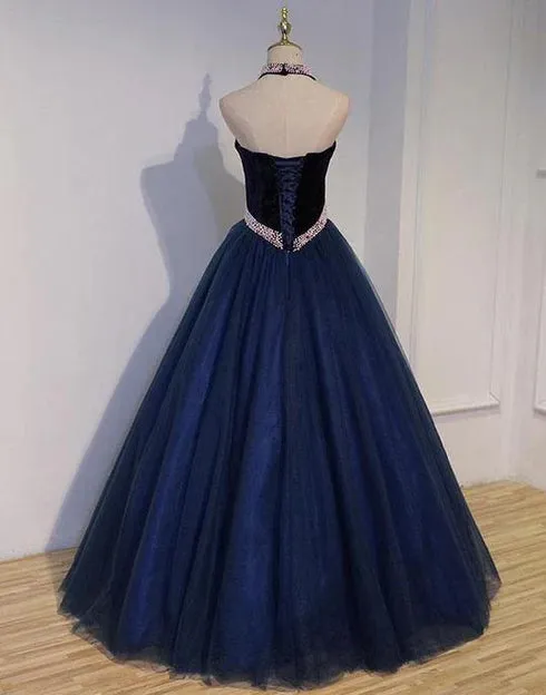 Luolandi Gorgeous Navy Blue Tulle and Velvet with Light Pink Pearls Prom Gown Party Dresses Elegant Evening Dress