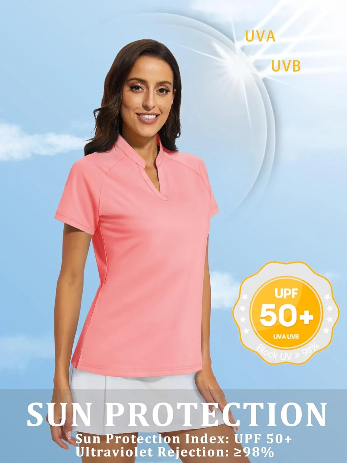 MAGCOMSEN Women's Golf Polo Shirts UPF 50  V Neck Collarless Short Sleeve Shirts Quick Dry Tennis T-Shirts