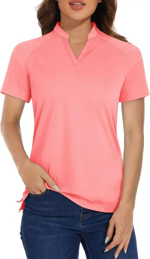 MAGCOMSEN Women's Golf Polo Shirts UPF 50  V Neck Collarless Short Sleeve Shirts Quick Dry Tennis T-Shirts