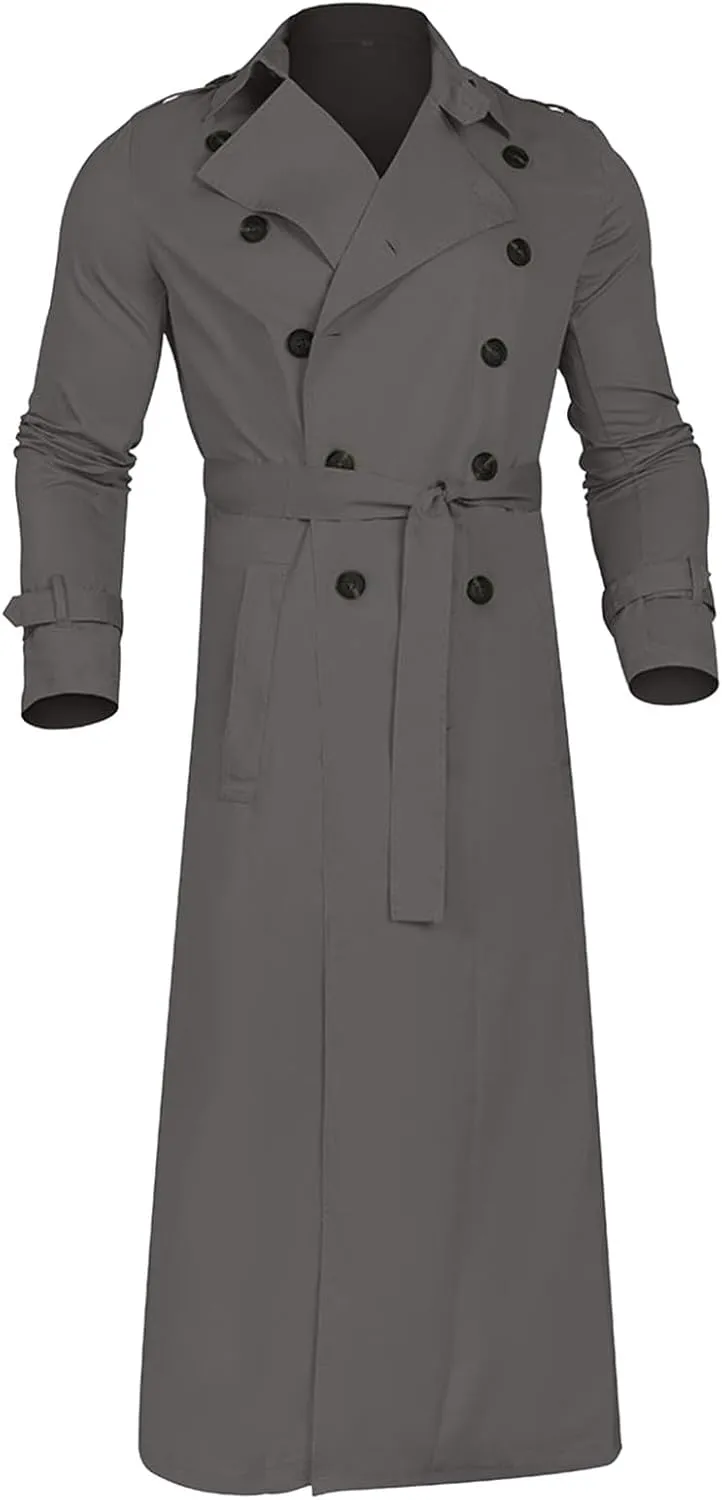 Man's Long Trench Coat Double Breasted Belted Trench Coat Cosplay Costumes Casual Lapel Long Jacket Overcoats