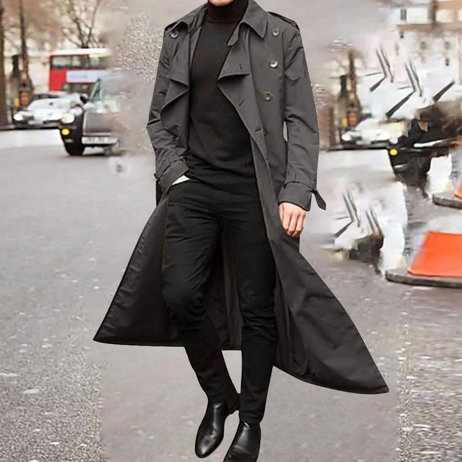 Man's Long Trench Coat Double Breasted Belted Trench Coat Cosplay Costumes Casual Lapel Long Jacket Overcoats