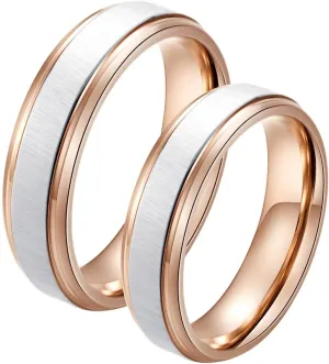 Matching Wedding Rings Set, Couples Promise Rings Set Stainless Steel Comfort Fit Rose Gold Brushed Ring 6mm