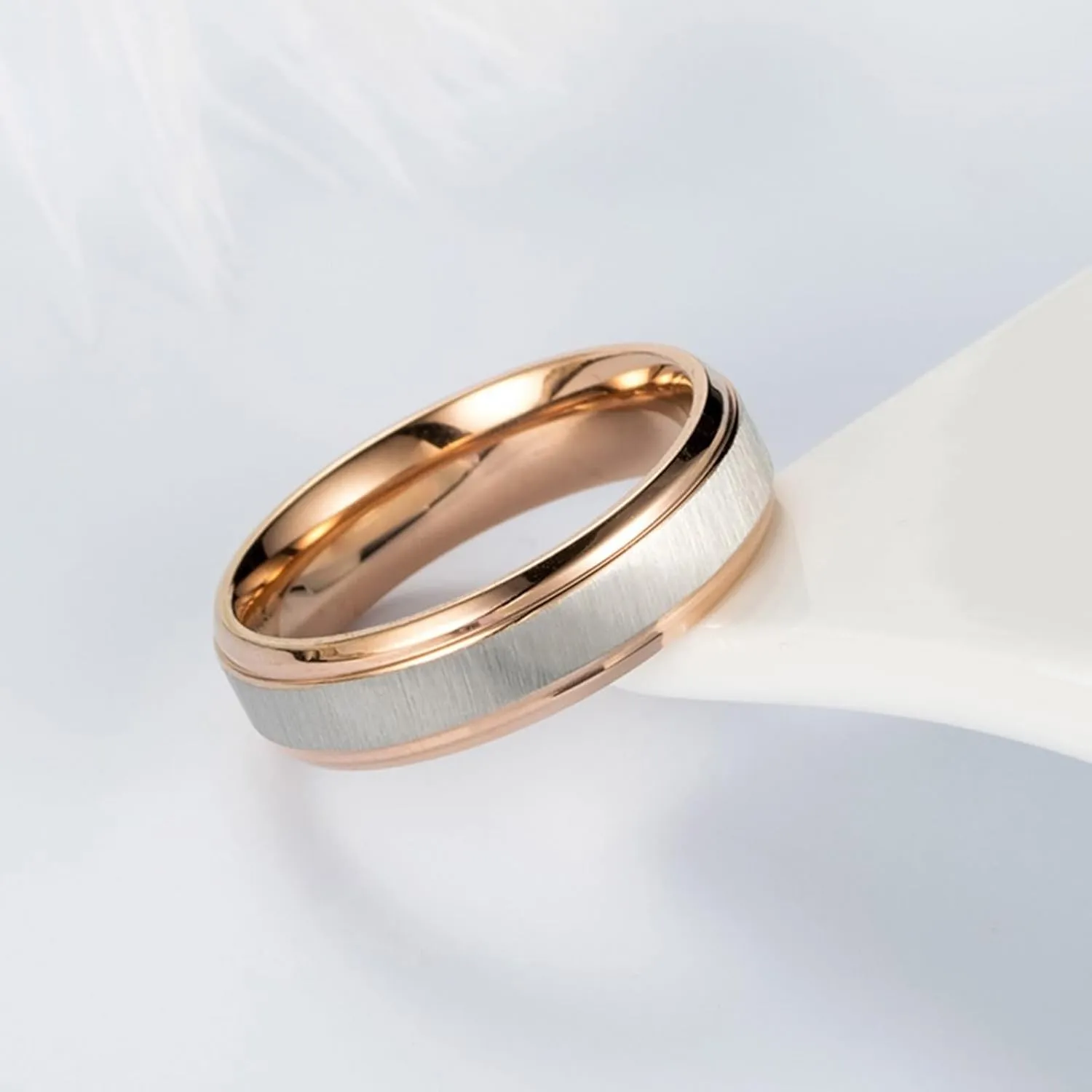 Matching Wedding Rings Set, Couples Promise Rings Set Stainless Steel Comfort Fit Rose Gold Brushed Ring 6mm