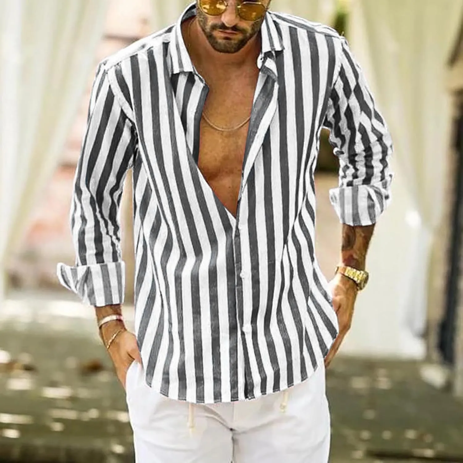 Men Button Down Striped Shirts Long Sleeve Tops Casual Basic Blue and White Striped Dress Shirt Slim Fit Blouses