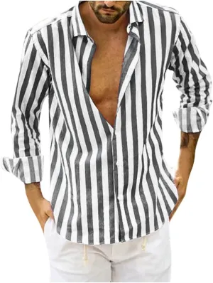 Men Button Down Striped Shirts Long Sleeve Tops Casual Basic Blue and White Striped Dress Shirt Slim Fit Blouses