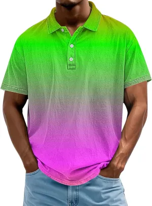 Men Polo Shirt Casual Gradient Tshirt Vacation Plus Size Collar Tee Short Sleeve Summer Color Block Button V Neck Top