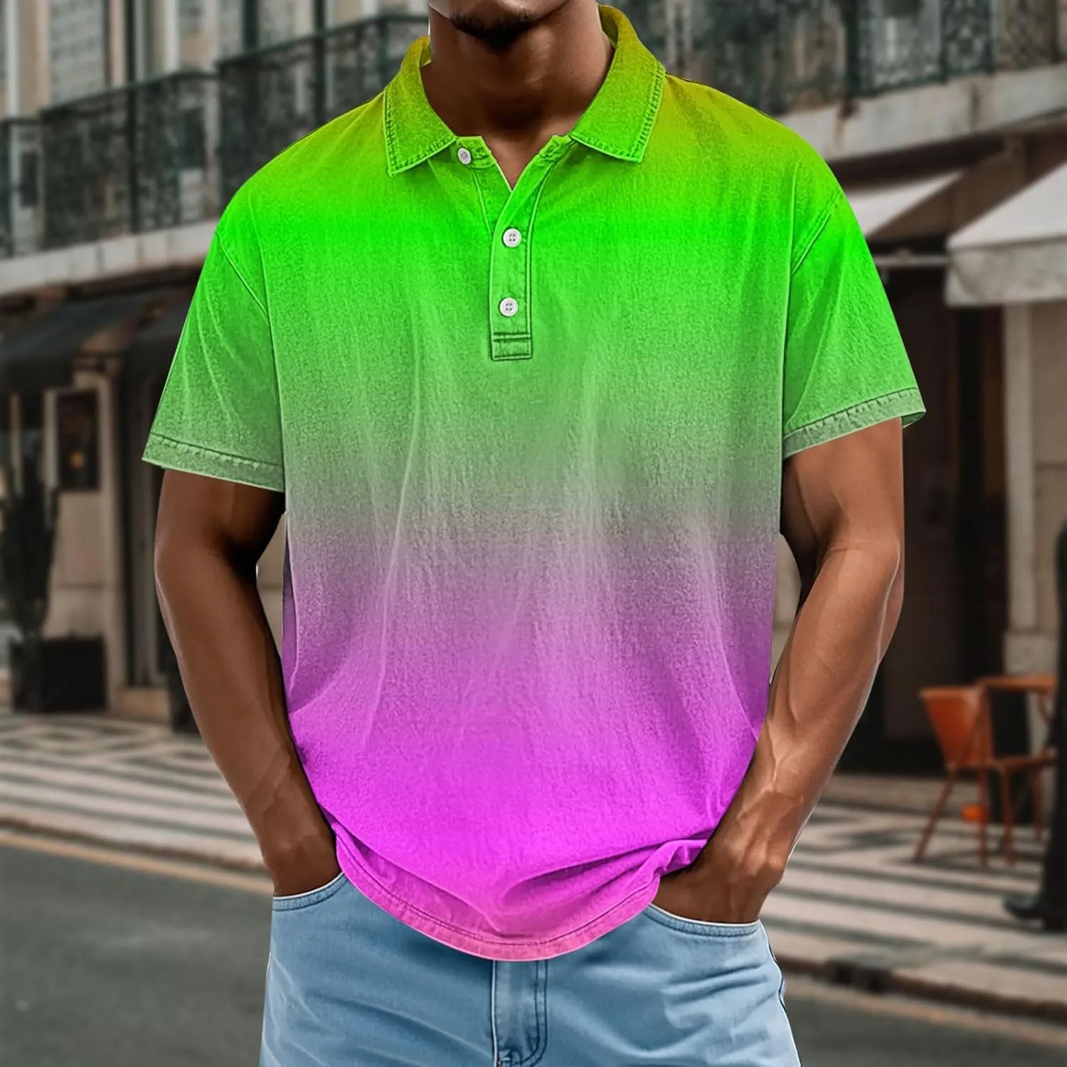 Men Polo Shirt Casual Gradient Tshirt Vacation Plus Size Collar Tee Short Sleeve Summer Color Block Button V Neck Top