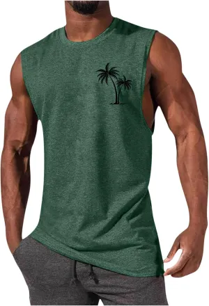 Men's Beach Tank Tops Funny Palm Tree Print Graphic Tee Shirts Casual Sleeveless Muscle T-Shirt Trendy Clothes