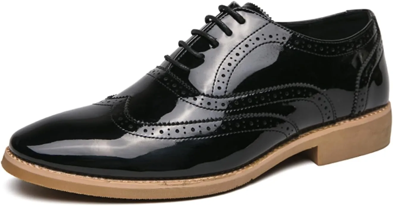 Mens Brogue Patent Leather Lace Up Formal Oxford Classic Wing Tips Tuxedo Modern Business Dress Wedding Derby Shoes (Black,6.5)