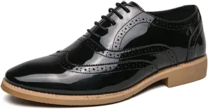 Mens Brogue Patent Leather Lace Up Formal Oxford Classic Wing Tips Tuxedo Modern Business Dress Wedding Derby Shoes (Black,6.5)