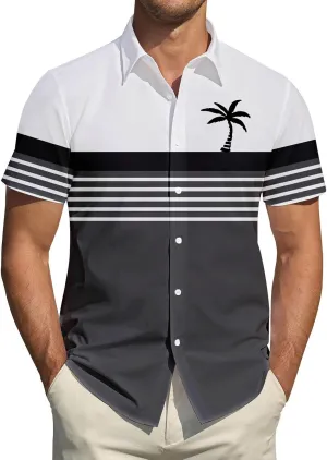 Men's Button Down Short Sleeve Tops Coconut Tree Print Beachwear Striped Shirts Hawaiian Shirt Striped Collar Neck Top