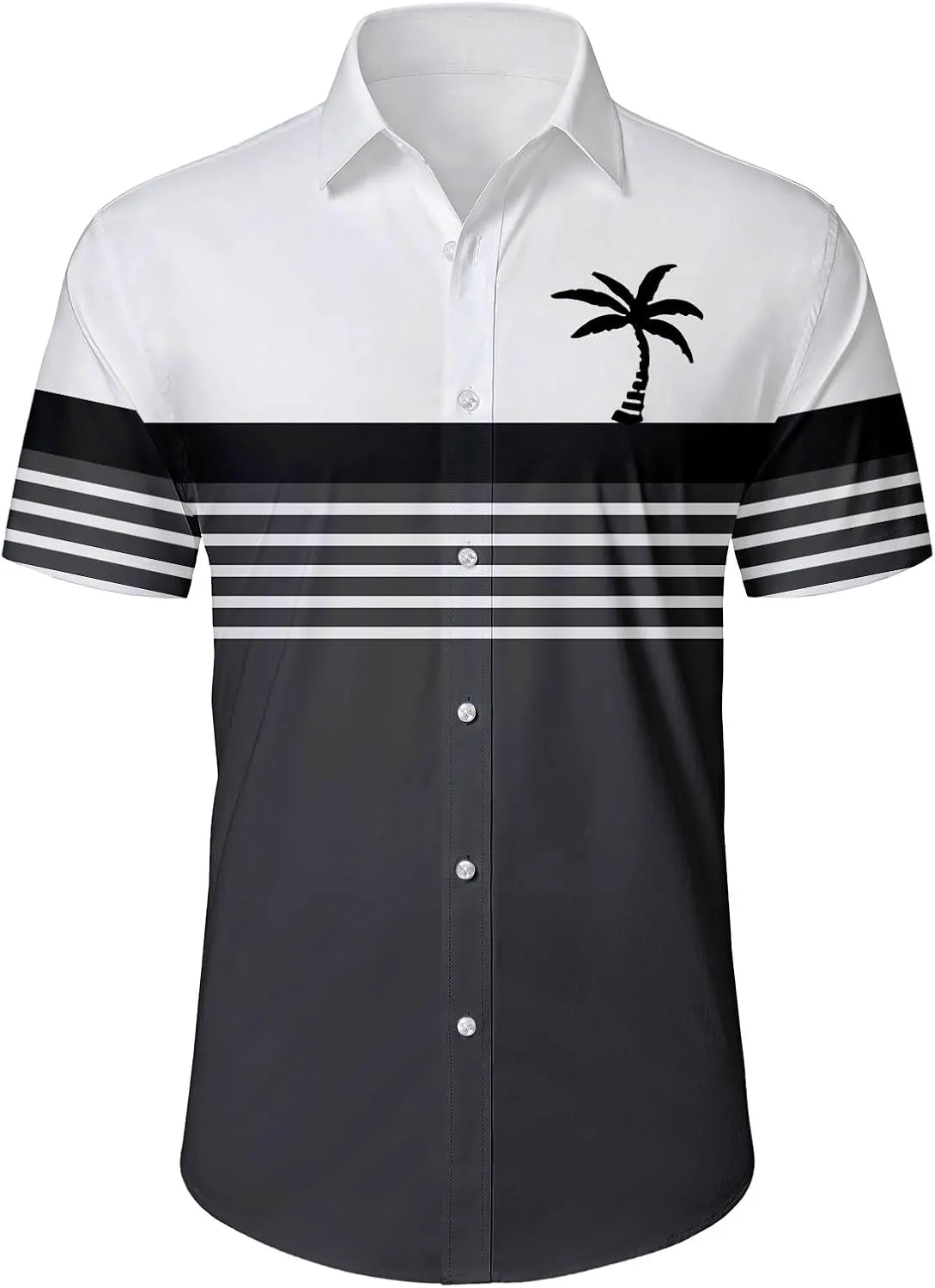 Men's Button Down Short Sleeve Tops Coconut Tree Print Beachwear Striped Shirts Hawaiian Shirt Striped Collar Neck Top