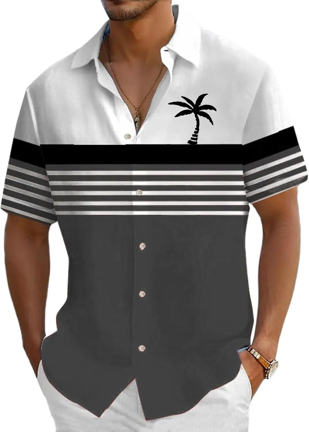 Men's Button Down Short Sleeve Tops Coconut Tree Print Beachwear Striped Shirts Hawaiian Shirt Striped Collar Neck Top