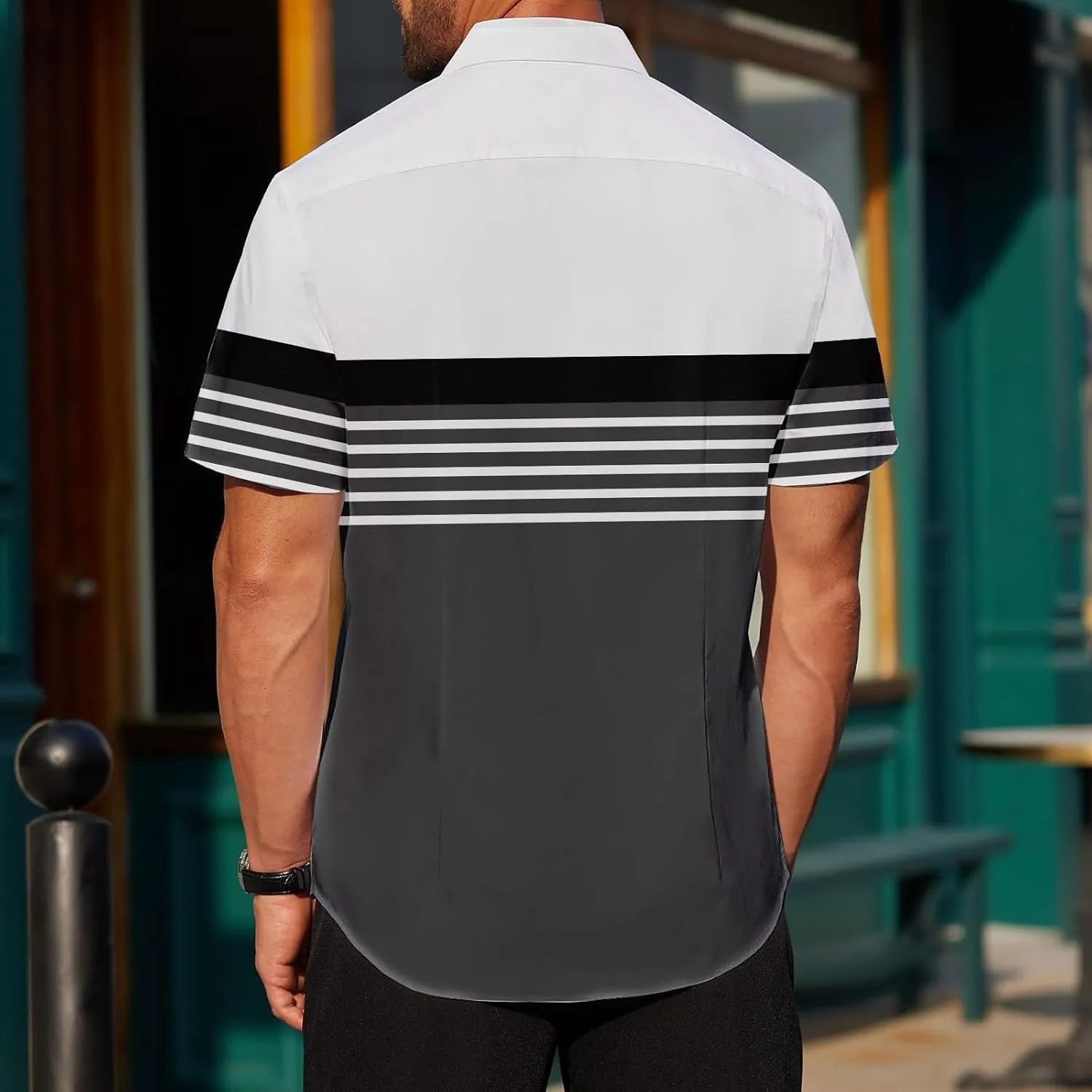 Men's Button Down Short Sleeve Tops Coconut Tree Print Beachwear Striped Shirts Hawaiian Shirt Striped Collar Neck Top