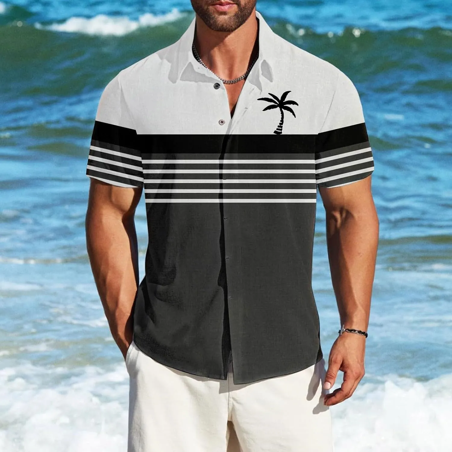 Men's Button Down Short Sleeve Tops Coconut Tree Print Beachwear Striped Shirts Hawaiian Shirt Striped Collar Neck Top