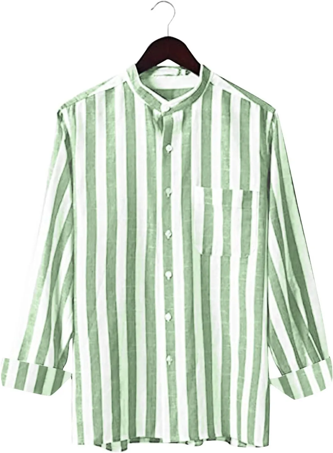 Men's Casual Stylish Long Sleeve Button-Up Striped Dress Shirts Cotton Linen Vocation Beach Shirt