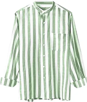 Men's Casual Stylish Long Sleeve Button-Up Striped Dress Shirts Cotton Linen Vocation Beach Shirt