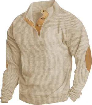 Mens Corduroy Shirt Lapel Collar Button Up Pullover Long Sleeve Casual Sweatshirt With Elbow Patches Active Tops