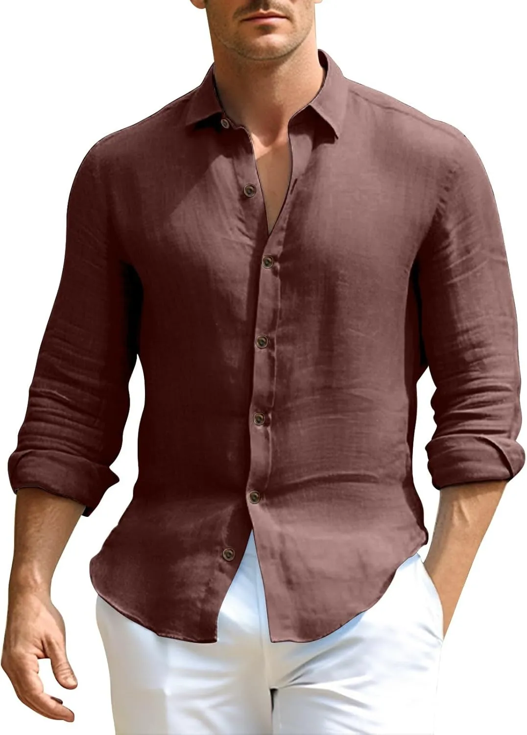 Men's Cotton Linen Dress Shirt Long Sleeve Button Down Summer Beach Shirt Lightweight Wrinkle Resistant Formal Office Top