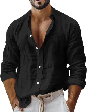 Mens Cotton Linen Shirt Casual Stylish Roll-Up Long Sleeve Beach Button Down Shirt Band Collar Casual Summer Tshirt