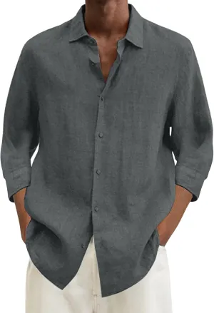 Men's Cotton Linen Shirts Summer Casual Button Down Long Sleeve Shirt Lightweight Loose Turn Down Collar Blouses