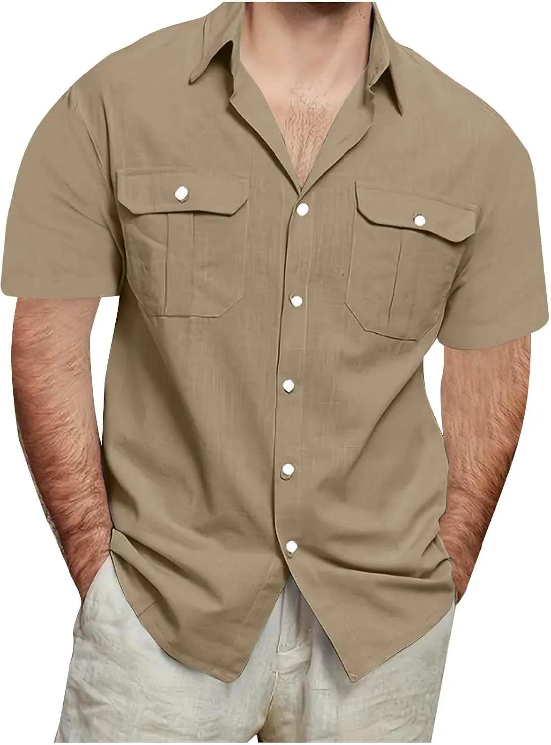 Men's Cotton Linen Short Sleeve Shirts Casual Lightweight Button Down Shirt Vacation Beach Tops Plain Summer T Shirt