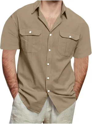 Men's Cotton Linen Short Sleeve Shirts Casual Lightweight Button Down Shirt Vacation Beach Tops Plain Summer T Shirt